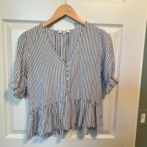 Madewell Ruffled Cropped Blouse with Buttons - Gray Blue Strip - Size XS